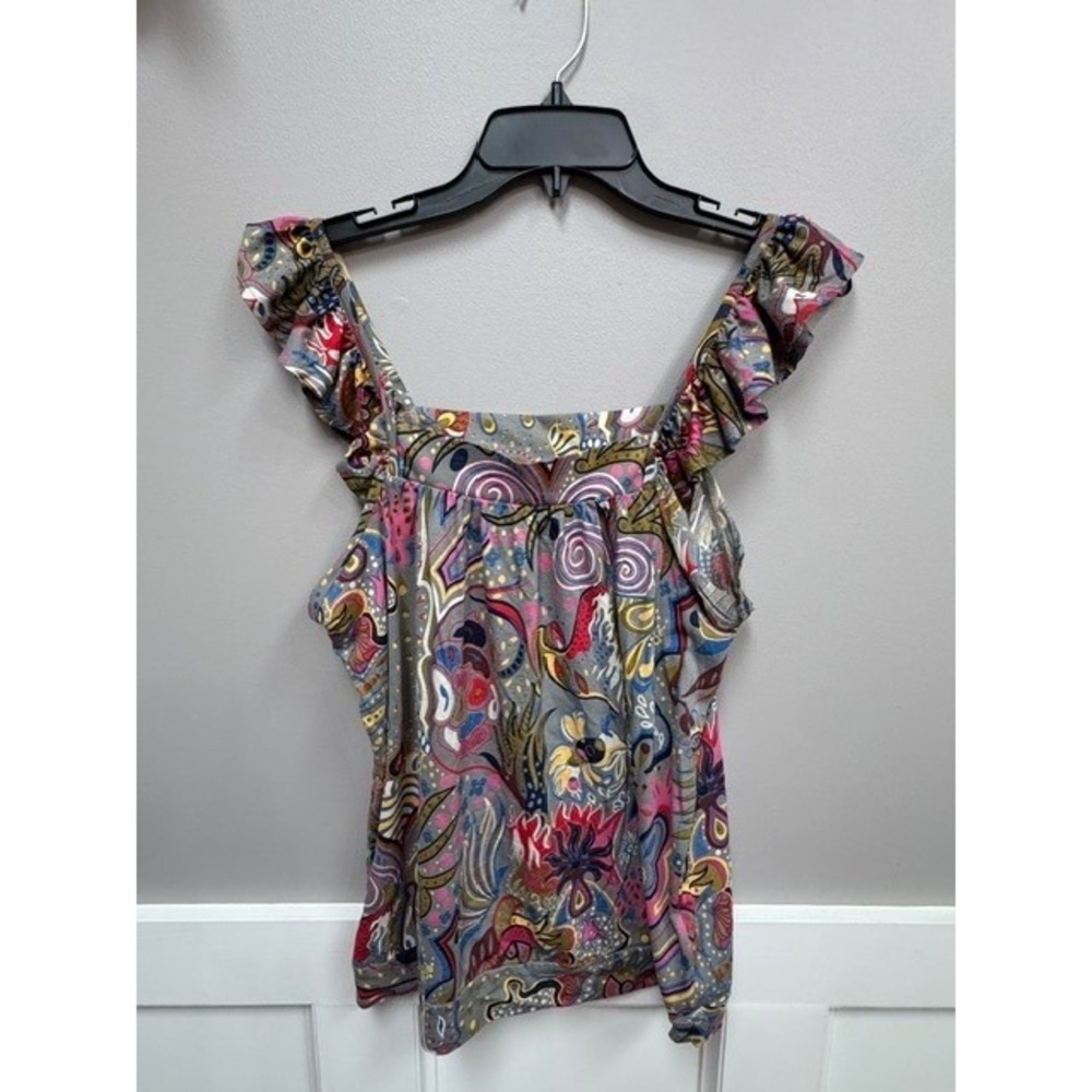 French Connection Womens Ruffle Strap Paisley Floral Cotton Tank Top Grey Medium